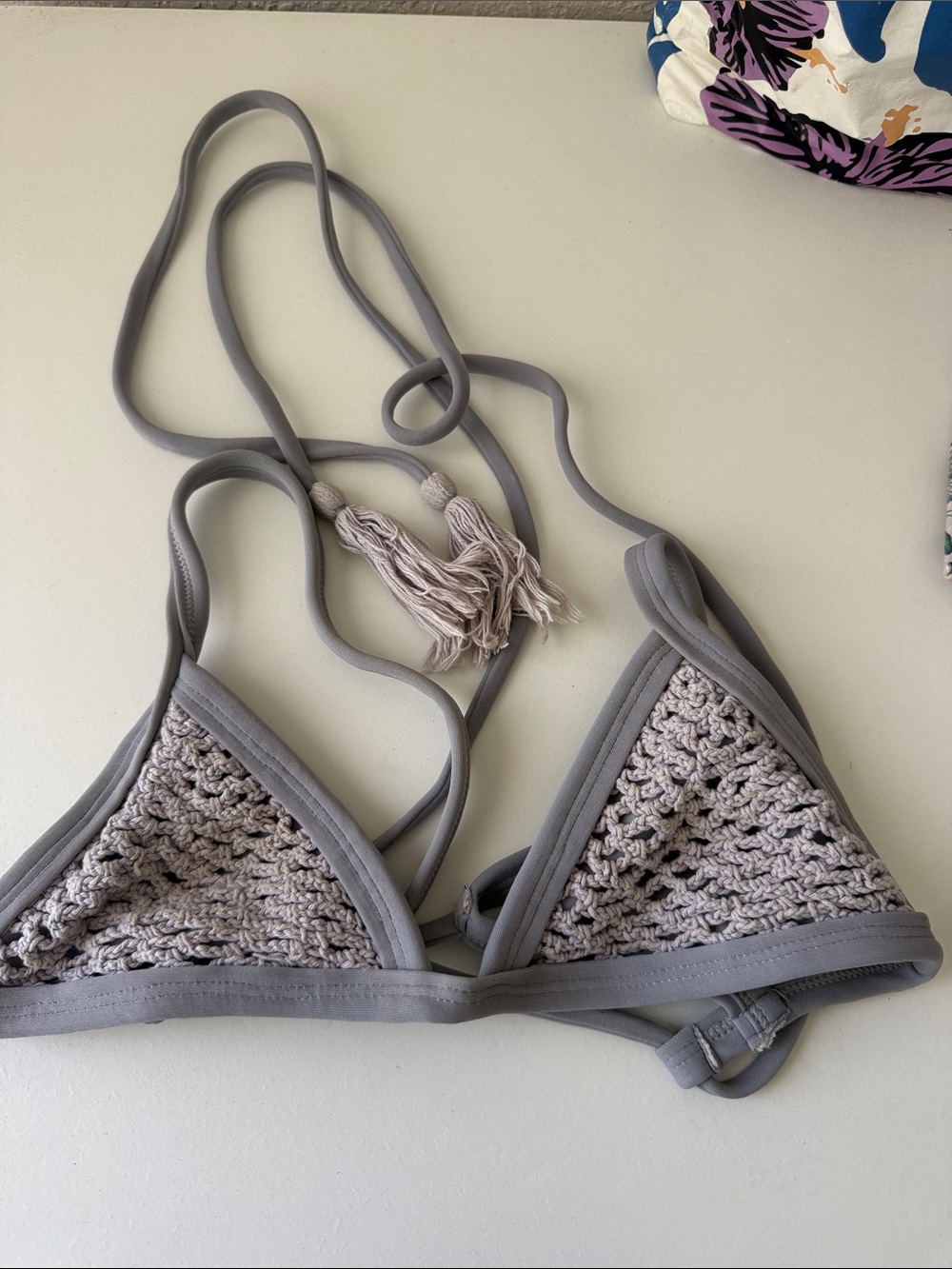 Posh Pua Light Gray Triangle Bikini Top with Tassel Ties
